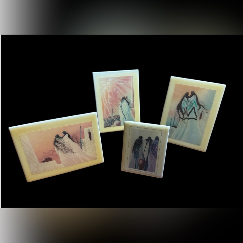 Vintage William Bill Rabbit Handmade Signed Artistic Tile Set Of Four